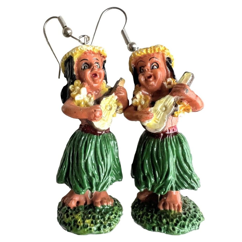 Vintage Hawaiian Hula Dancers Earrings Figural Colorful Playing Banjo 3” Pierced